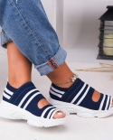 Womens Sandals Woman Shoes Stretch Fabric Slip On Hollow Out Peep Toe Thick Bottom Casual Cover Heel Ladies Female  New