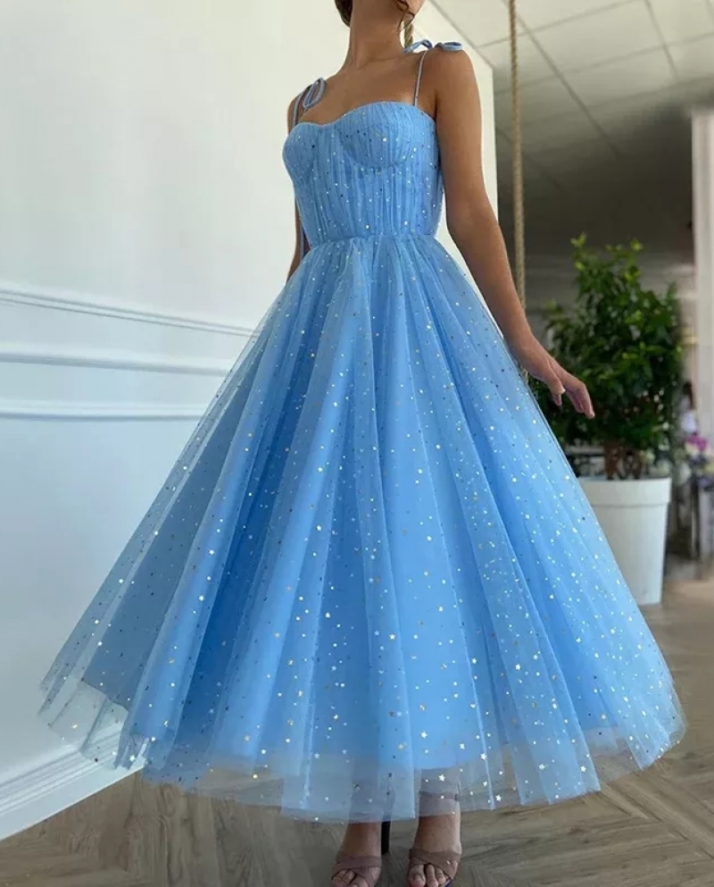 Weiyin Ae0779 Shine Stars Baby Blue Tulle Prom Dresses Short 2022 Spaghetti Straps Glitter Tea Length Evening Party Dres