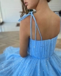 Weiyin Ae0779 Shine Stars Baby Blue Tulle Prom Dresses Short 2022 Spaghetti Straps Glitter Tea Length Evening Party Dres