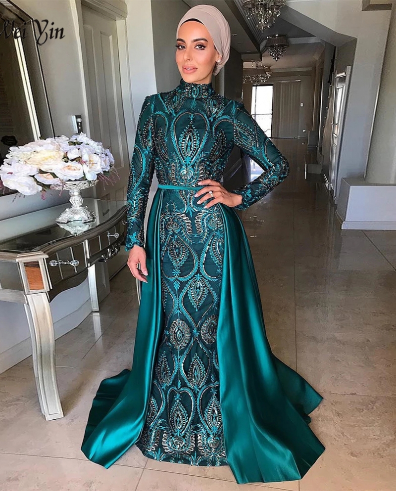 Weiyin Luxury Mermaid Evening Dress For Women  Long Sleeves Elegant Muslim High Neck Prom Formal Gowns With Detachable T