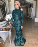 Weiyin Luxury Mermaid Evening Dress For Women  Long Sleeves Elegant Muslim High Neck Prom Formal Gowns With Detachable T