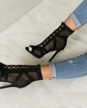 New Fashion Show Black Net Suede Fabric Cross Strap  High Heel Sandals Woman Shoes Pumps Lace Up Peep Toe Sandalshigh He