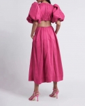 Womens Round Neck Puff Sleeve Solid Color Waist Cutout Dress