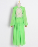 Womens Green Ruffled Fresh V-Neck Long Sleeve Open Waist Long Dress