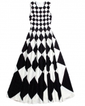Spring And Summer Fashion Simple Style Black And White Diamond Plaid Super Swing Dress