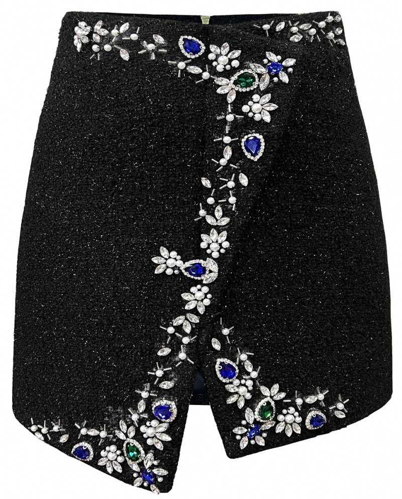Womens Graceful Jewelry-decorated Commute Wrap-hip Black Short Skirt