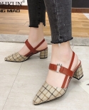  Spring Summer Women Shoes Leather Strap Sandals Woman Pointed Plaid Slingback Pumps Sandal Square Heels 6cm New Hothigh
