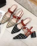 Spring Summer Women Shoes Leather Strap Sandals Woman Pointed Plaid Slingback Pumps Sandal Square Heels 6cm New Hothigh