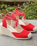 Womens Espadrille Ankle Strap Sandals Comfortable Lace Up Ladies Woman Casual Shoes On Heels Dancing Flax Wedges Pumps