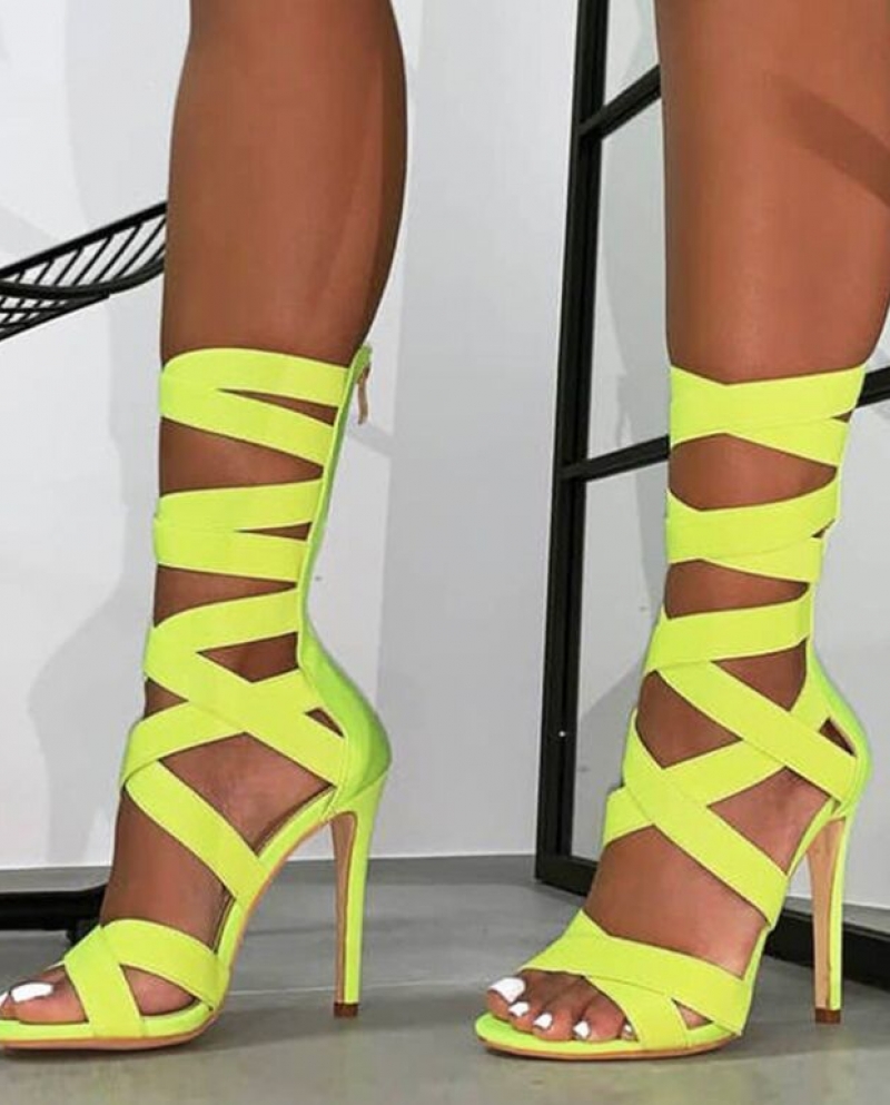 Autumn Fashion Fluorescent Green Stretch Fabric Zipper Women Sandals Peep Toe High Heels Hollow Out Ankle Boots Sandalsm