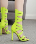 Autumn Fashion Fluorescent Green Stretch Fabric Zipper Women Sandals Peep Toe High Heels Hollow Out Ankle Boots Sandalsm