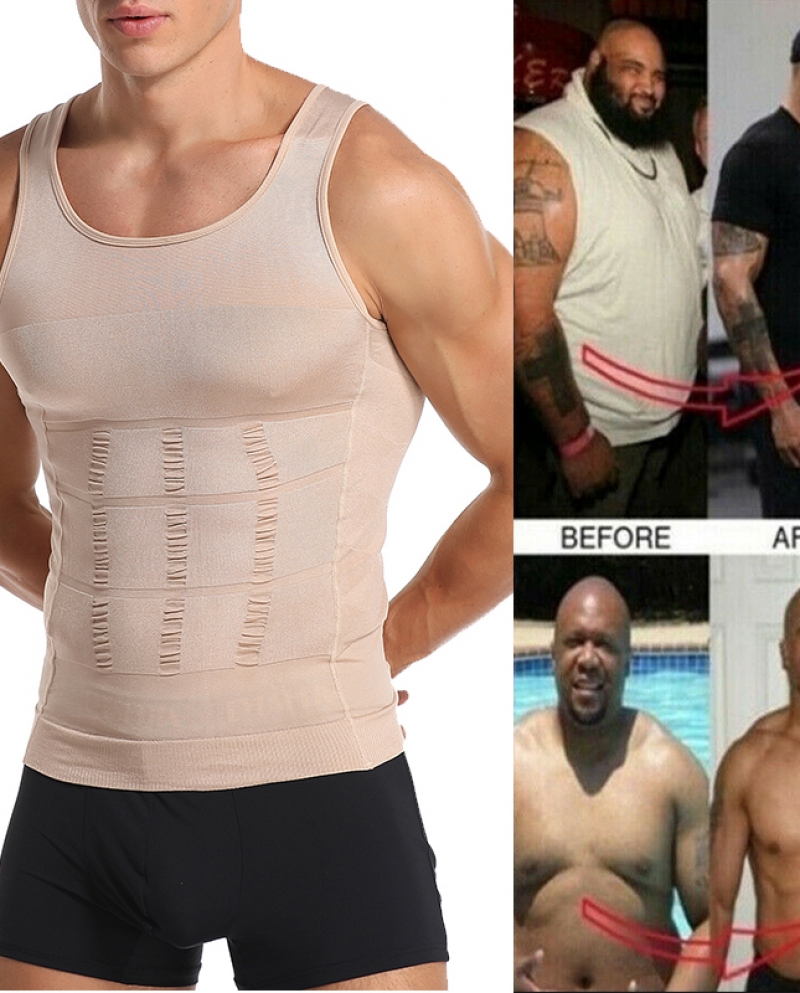 US$16.71-Men Body Shapers Tight Skinny Sleeveless Shirt Fitness Waist  Trainer Elastic Beauty Abdomen Tank Tops Slimming Boobs Gym-Description
