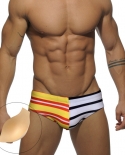  Swimwear Mens Low Waist Bathing Suit Summer Pad Push Up Sport Beach Colorful Striped Briefs Fashion Male Surfing Swimsu