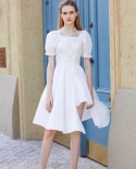 Womens White Dress Summer Elegant Vintage Kawaii Puff Sleeve Midi Dress Square Collar Bandage Sundress Goth Outfits