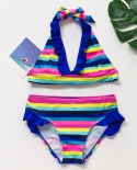 Girls Swimwear 512years Girls Falbala Swimsuit Teenager Kids Beachwear Colorful Strips Children Swimwear St188189child