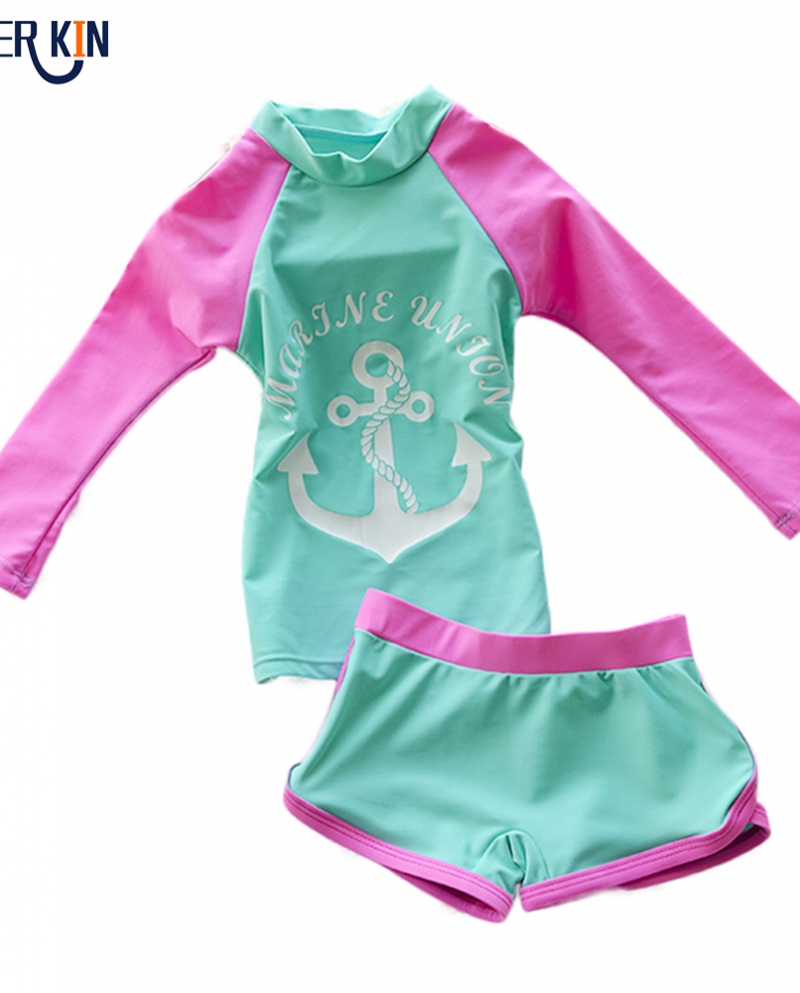 Girls Swimsuit Two Piece Sporting Suits Long Sleeve Solid Children Swimwear Kids Surfing Suit Beachwear K52childrens Tw