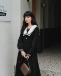 Harajuku Sailor Collar Navy Dress  Lolita Sweet Bow Knot Girl Retro Cotton Kawaii Preppy Style Long Sleeve Dress Women