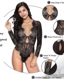 New Womens Long Sleeve Deep V Neck Lace Bodycon Party Bodysuit Jumpsuit Leotard Tops Exotic Apparel Teddies Bodysuitsted