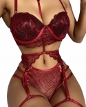 Three Piece Womens Lingerie Set  Lace Embroidery Bra And Low Waist Panty With Garter Belt Underwearslingerie Sets