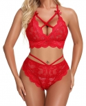Ladies  Lingerie Sets Crochet  Bralette And Panty Set Strappy Lace Lingerie Sheer Push Up Bra  Middle Waist Strappy Pan