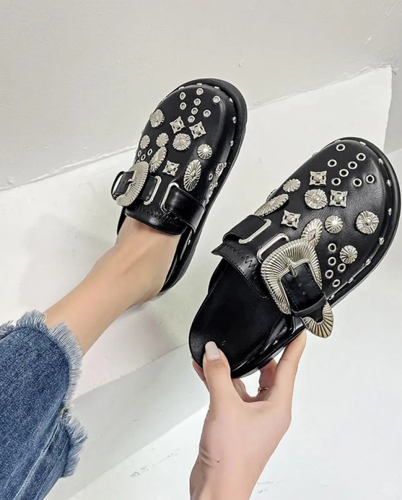 Summer Women Slippers Platform  Rivets Punk Rock Leather Mules Creative Metal Fittings Casual Party Shoes Female  Outdoo
