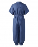 Solid Color Denim Jumpsuits Overalls For Women Loose Short Sleeve Pants Long Baggy Romper Overall Jumpsuit Women Denim O