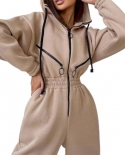 Solid Color Winter Rompers Jumpsuit Women Playsuit Elastic Waist Hooded Jumpsuits For Women Ankle Banded Long Pants Mono