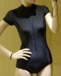 Solid Black Monokini Women  Short Sleeve Zipper Padded Bodysuit Swimsuit Women Skinny One Piece Swimwear Female Playsuit