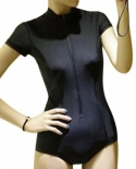 Solid Black Monokini Women  Short Sleeve Zipper Padded Bodysuit Swimsuit Women Skinny One Piece Swimwear Female Playsuit