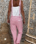 Striped Jumpsuits Women Cargo Pants Tassel Drawstring Backless Sleeveless Overalls For Women Casual Long Playsuits Overa