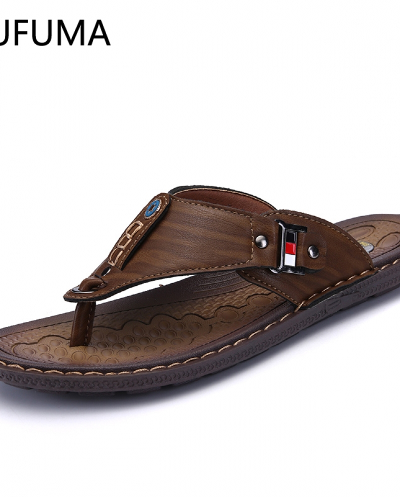 Chanclas de playa de verano para hombre, zapatillas de cuero Pu, sandalias planas para hombre, zapatos de playa con Tanga de gom