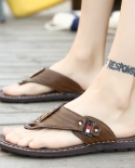  Summer Beach Men Flip Flops Pu Leather Slippers Male Flats Sandals Outdoor Rubber Thong Beach Shoes Men Leather Brand N