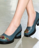 2022 Autumn Women Pumps Retro Embroider Lady 75cm High Heels Slip On Platform Pumps Handmade Women Genuine Leather Shoe