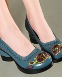 2022 Autumn Women Pumps Retro Embroider Lady 75cm High Heels Slip On Platform Pumps Handmade Women Genuine Leather Shoe
