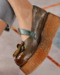 אמא רטרו לולאת וו משאבות עור אמיתי נעלי נשים 2022 חדש אביב נקבה פרחוני אצבע עגולה בעבודת יד פנאי platfo