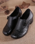 Designer Block Heel Loafer Women Luxury Genuine Leather Pumps Embossed Flower Woman Shoes Female Retro Vintage Ethnic Fo