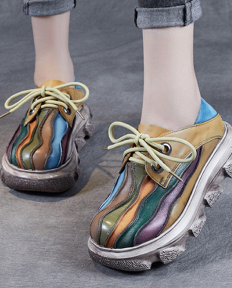 רטרו נשית צבעים מעורבים משאבות עור אמיתי נעלי נשים 2022 חדש אביב עגול בוהן שרוך פלטפורמת lesiure בעבודת יד
