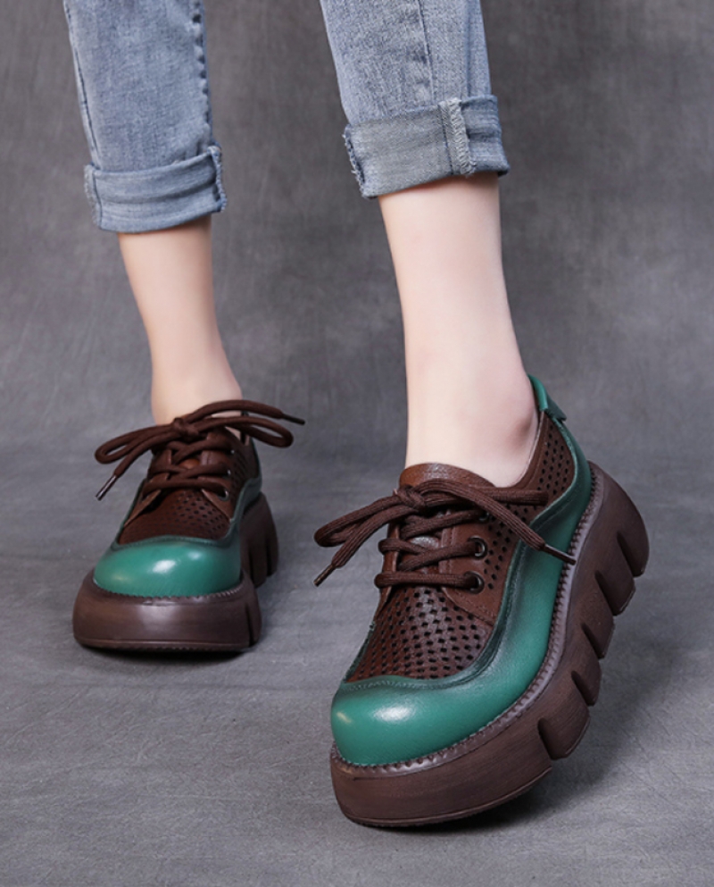 Zapatos de tacón para mujer, zapatos de tacón de plataforma con cordones de cuero genuino Retro de colores mezclados, calzado nu
