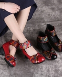 2022 Sapatos Femininos de Couro Genuíno Estilo Nacional Sola Macia Meia-idade Mãe Sapatos de Dança Lady Retro Floral Dre