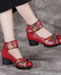 2022 Spring Women Genuine Leather Shoes National Style Soft Soles Middle Aged Mother Dancing Shoes Lady Retro Floral Dre
