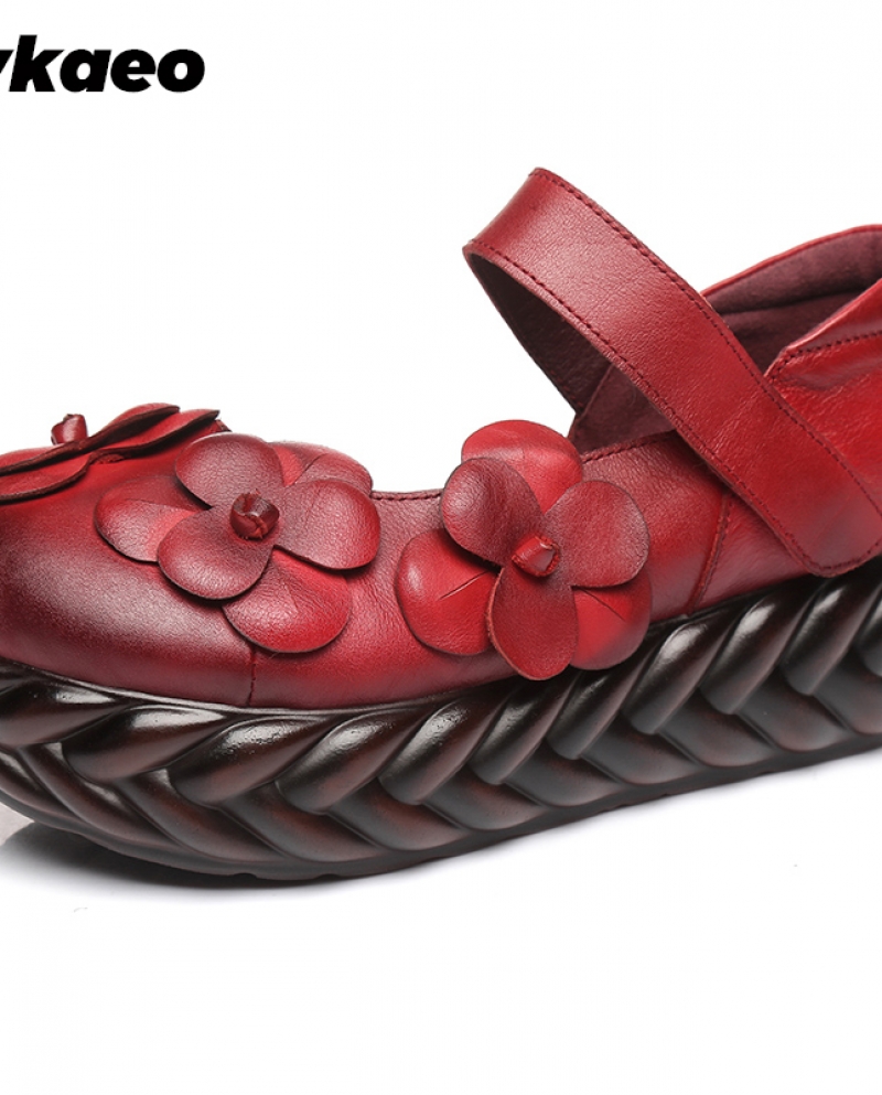 Zapatos de tacón alto de otoño para mujer, zapatos de cuña con flores para mujer, zapatos de plataforma de cuero genuino, correa