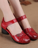 2022 Summer Fashion Thick Heels Mother Pumps Red Women Genuine Leather Wedges Shoes Ladies Party Ankle Straps Leisure Sa