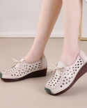 Zapatos de verano transpirables huecos a la moda para mujer, zapatos informales de tacón con cuña de cuero genuino Vintage hecho