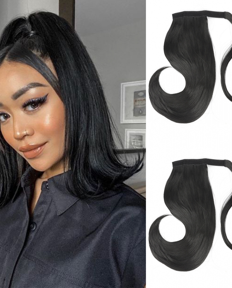 Synthetic Bounce Wrap Around Ponytai 18inch Straight Hairpiece With Clip In Hair Drawstring Ponytail Hair Extension Blac