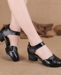 2022 Summer Female Genuine Leather Shoes Gladiator Sandals Women 5cm High Heels Classic Black Round Toe Hollow Ladies Sa