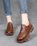Women Genuine Leather Wedges Shoes Spring 2022 British Style Female Retro Handmade Round Toe Slip On Platform Casual Sho