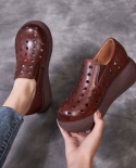 Brand Women Summer Shoes Female Genuine Cow Leather Thick Bottom Hollow Breathable Pumps Footwear Ladies Wedges Platform
