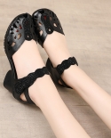 2022 Summer Female Genuine Leather Shoes Gladiator Sandals Women 5cm High Heels Classic Black Peep Toe Hollow Ladies San