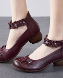 2022 Autumn Vintage Women Pumps Comfortable Genuine Leather High Heel Shoes Women Handmade Flower Thick Heels Single Wed