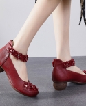 2022 Autumn Vintage Women Pumps Comfortable Genuine Leather High Heel Shoes Women Handmade Flower Thick Heels Single Wed